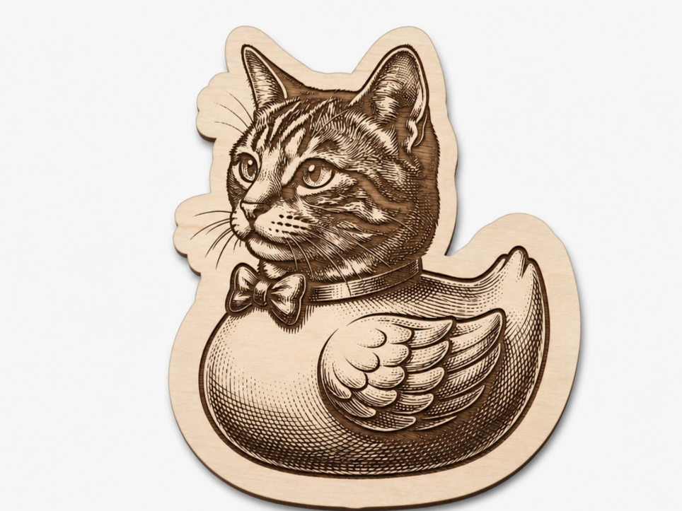 cat rubber duck - Holzfigur Katze mit Entenkörper und Fliege