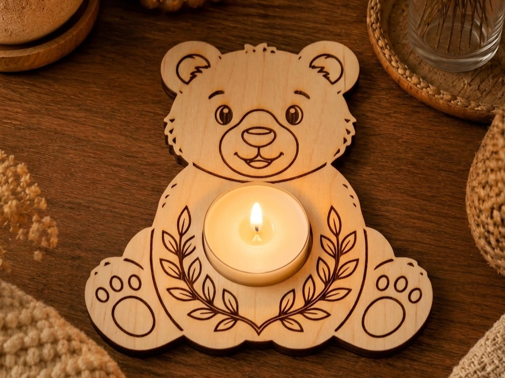 Bougeoir en bois en forme d'ourson avec motif de feuilles
