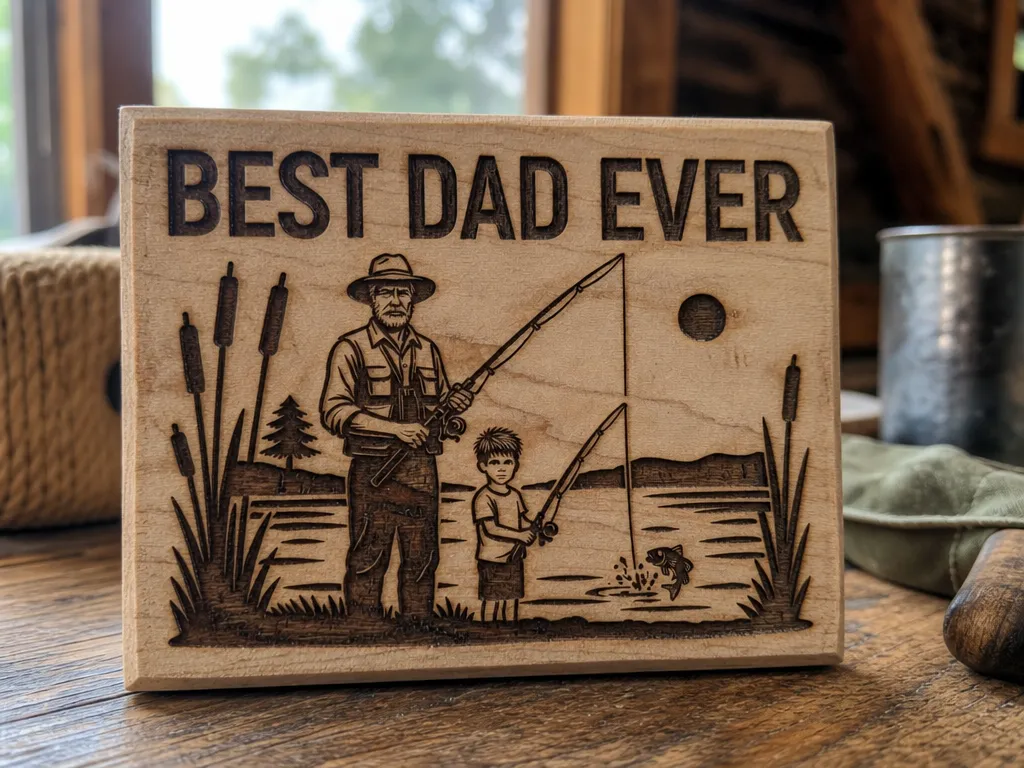 Best Dad Ever Wooden Sign Featuring Father and Son Fishing - Laser Engraving File - CNC Woodworking Pattern