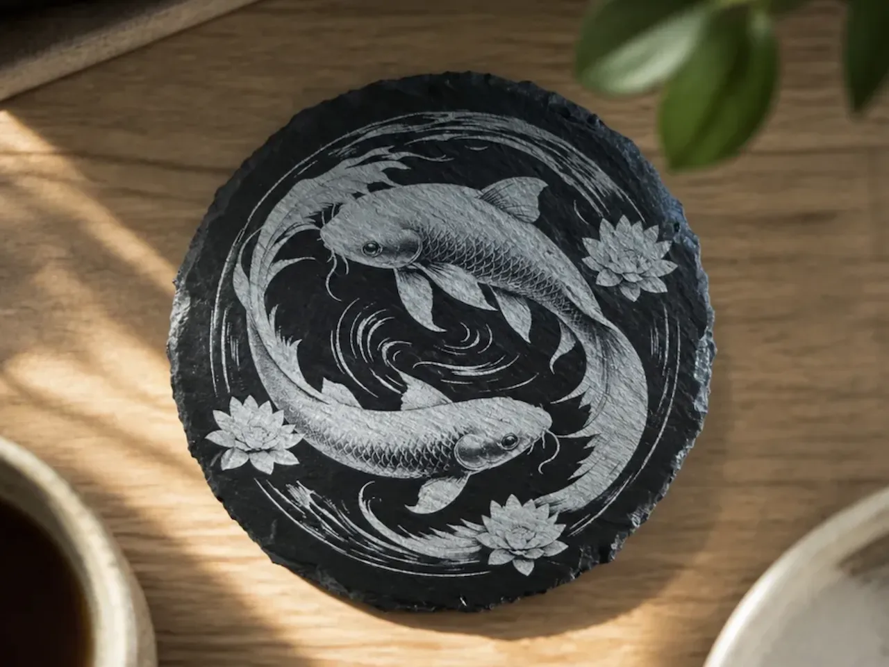[Laser cut and engrave] Sous-verre rond en ardoise avec motif de poissons koï et fleurs de lotus