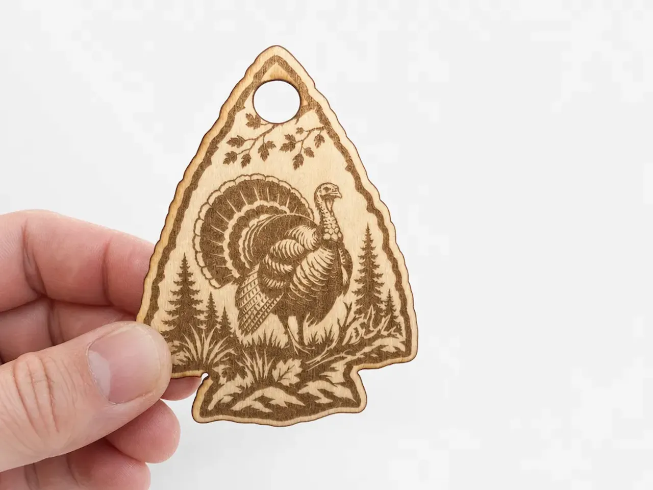 [Laser cut and engrave] Arrowhead Shaped Thanksgiving Turkey Ornament with Forest Scene