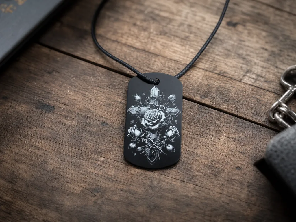 Halskette mit schwarzem Anhänger und Kreuz- und Rosenmotiv