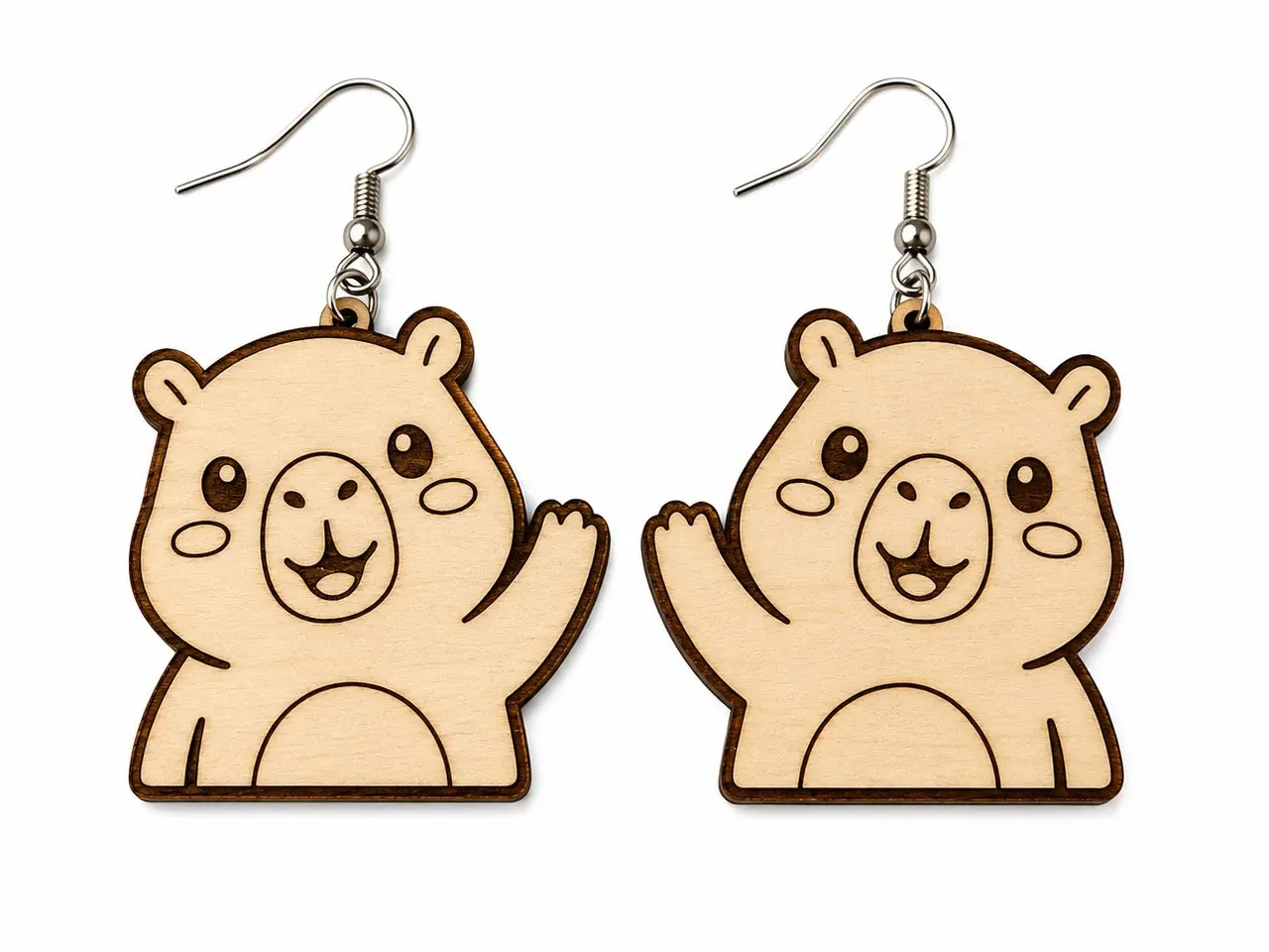 [Laser cut and engrave] Waving Bear Wooden Dangle Earrings