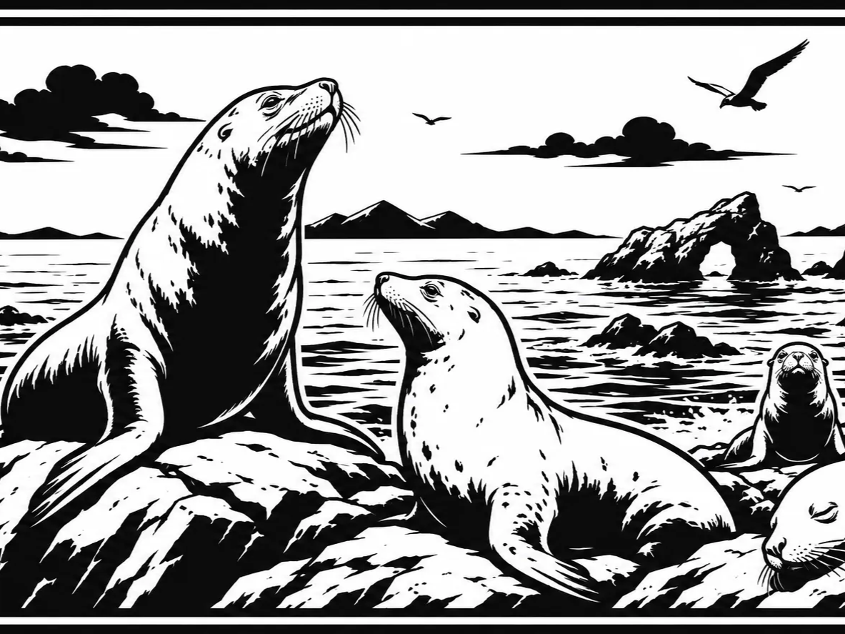 Sea Lions of the Pacific Coast | Black & White Coastal Wildlife Tumbler Wrap
