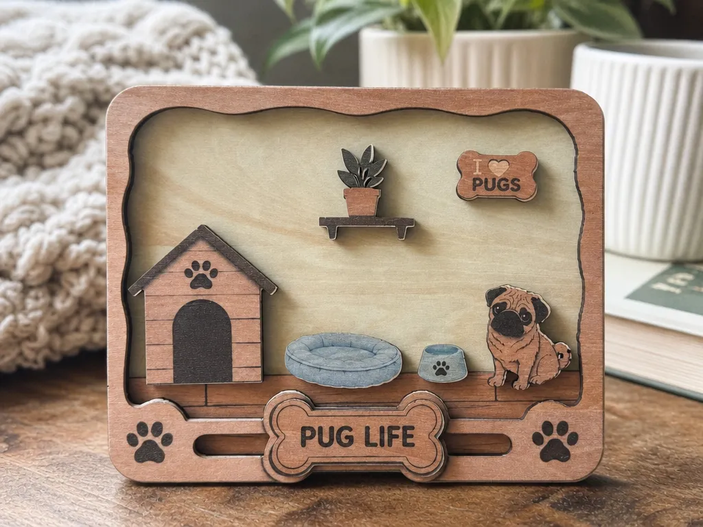 Pug Life Wooden Tabletop Multilayer Sign with Dog House and Pet Accessories
