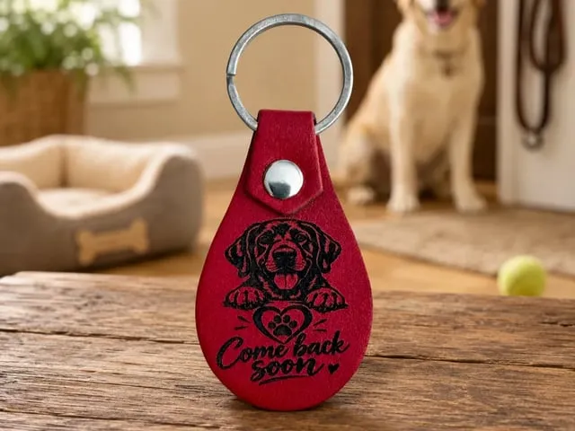 Come Back Soon Dog Leather Keychain