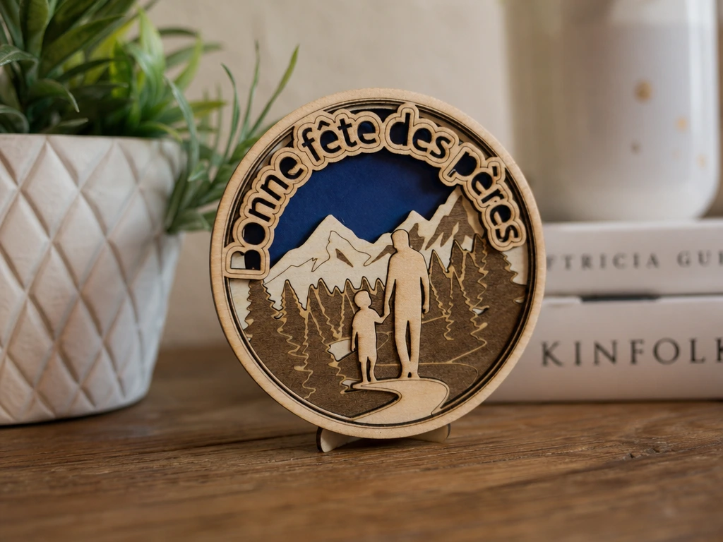 Ornement circulaire Bonne fête des pères avec paysage de montagne et silhouette