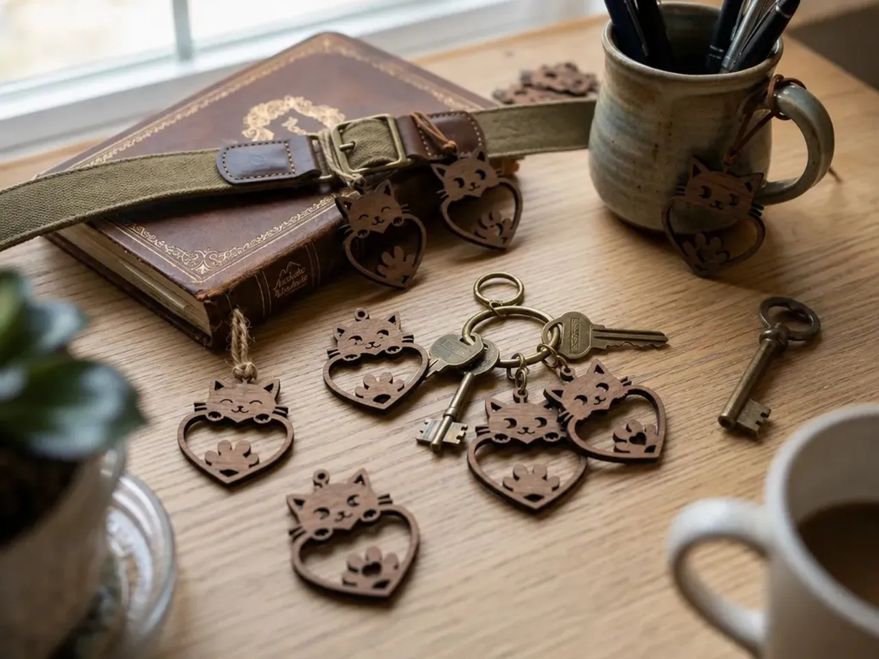 [Laser cut and engrave] Wooden Cat and Heart Shaped Keychain Charms