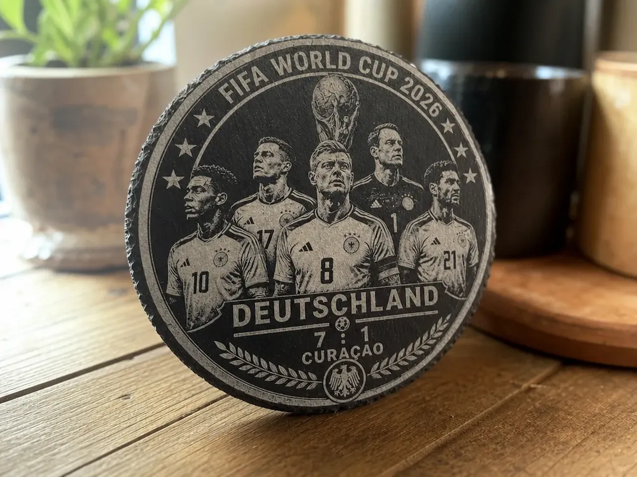 [Laser cut and engrave] Runde Schieferplatte mit deutscher Fußballnationalmannschaft und FIFA World Cup 2026 Motiv