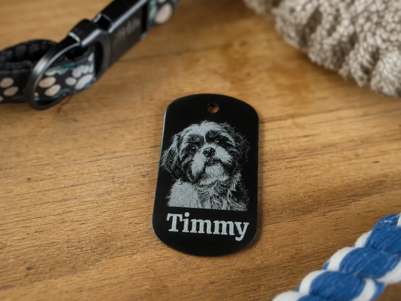 [Laser cut and engrave,Screen printing] Black dog identification tag with portrait of Timmy