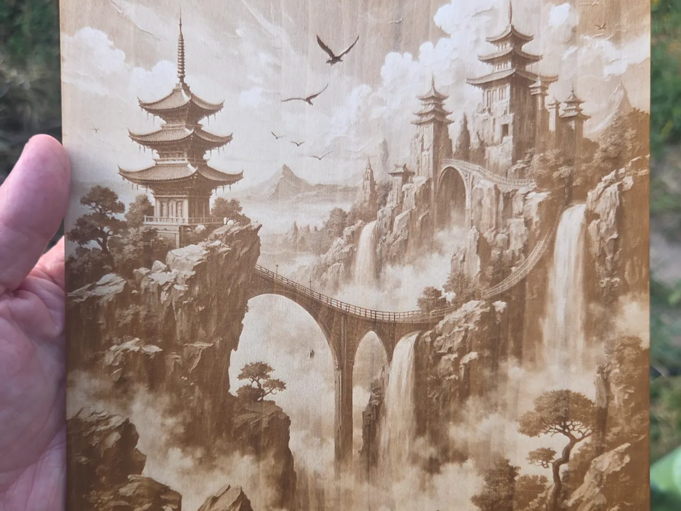 Mountain Landscape Wall Art Featuring Pagodas and Waterfalls