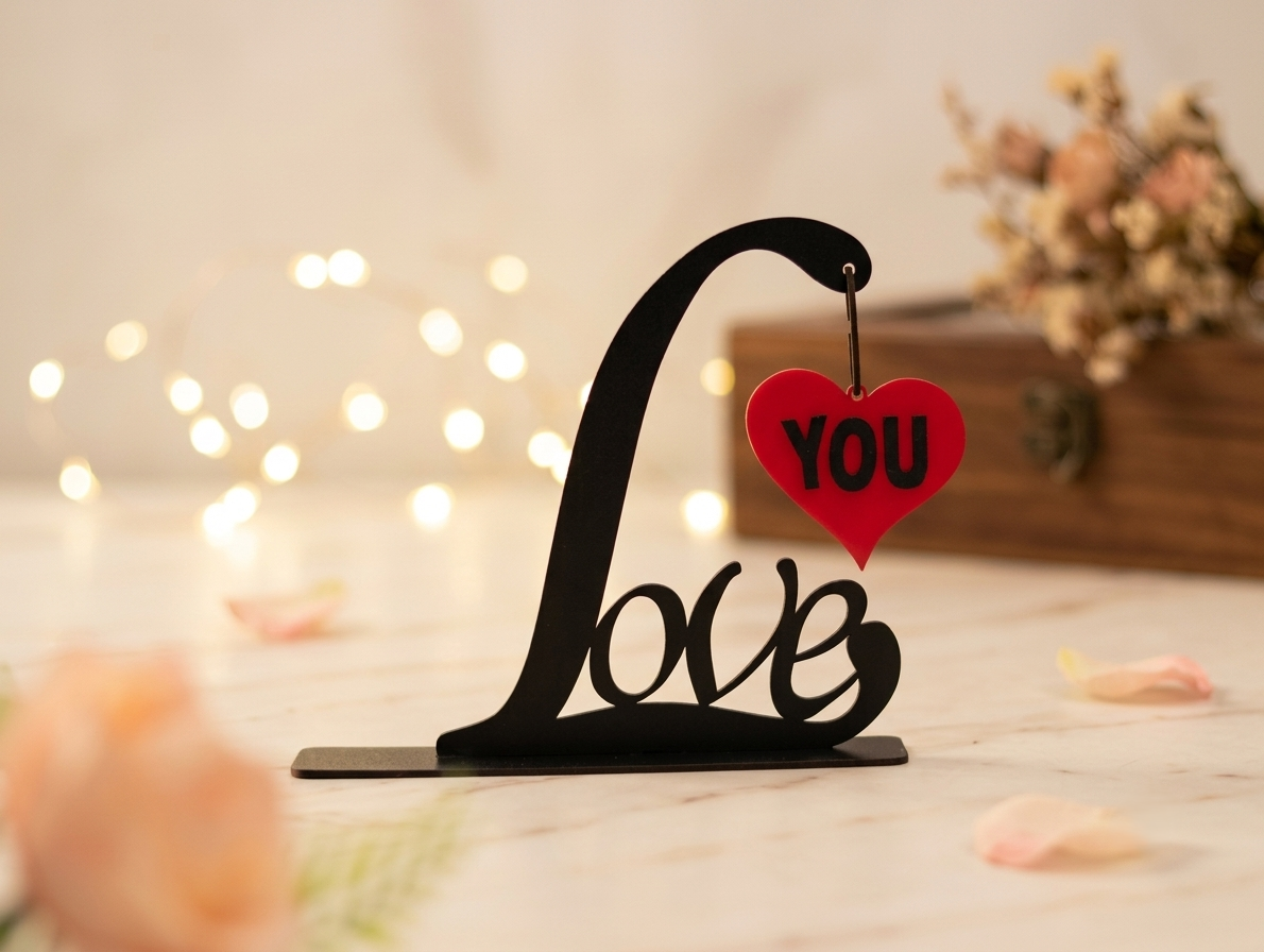 [Laser cut and engrave] Support de table noir avec cœur rouge suspendu portant l'inscription You