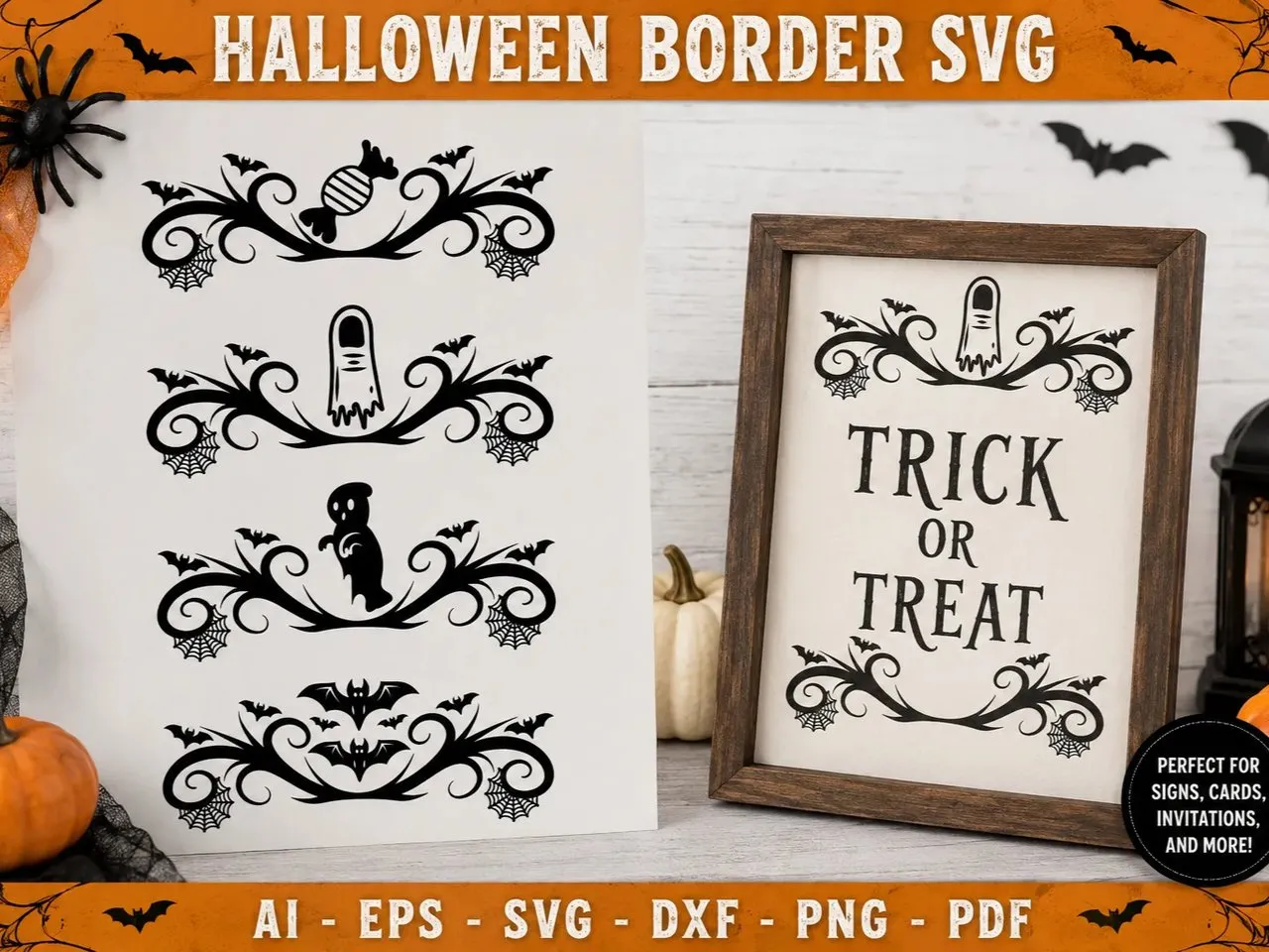 [Laser cut and engrave] Halloween Decorative Border Graphics with Ghost Bat and Spiderweb Motifs