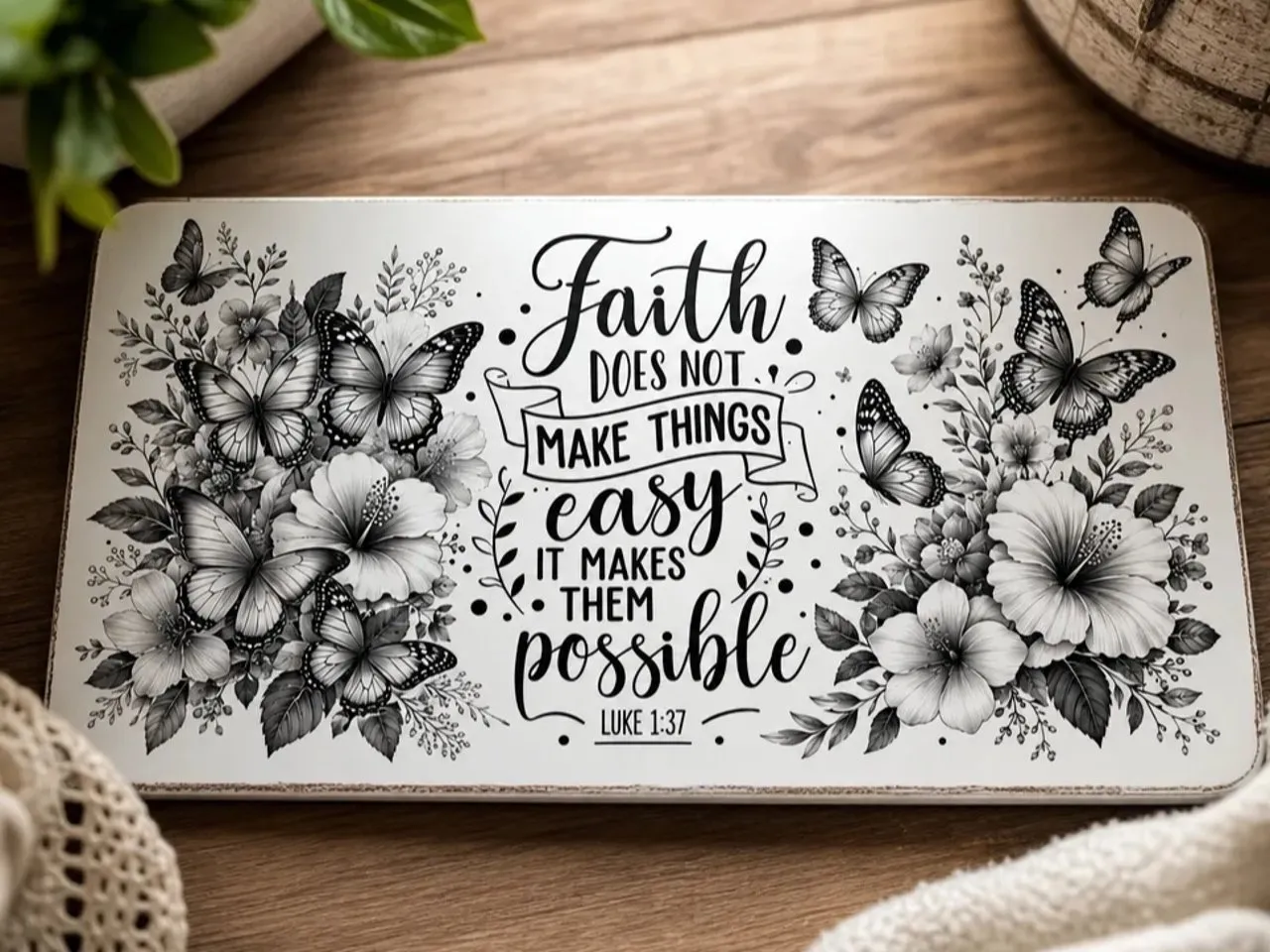 [Laser cut and engrave] Placa decorativa con versículo bíblico flores y mariposas
