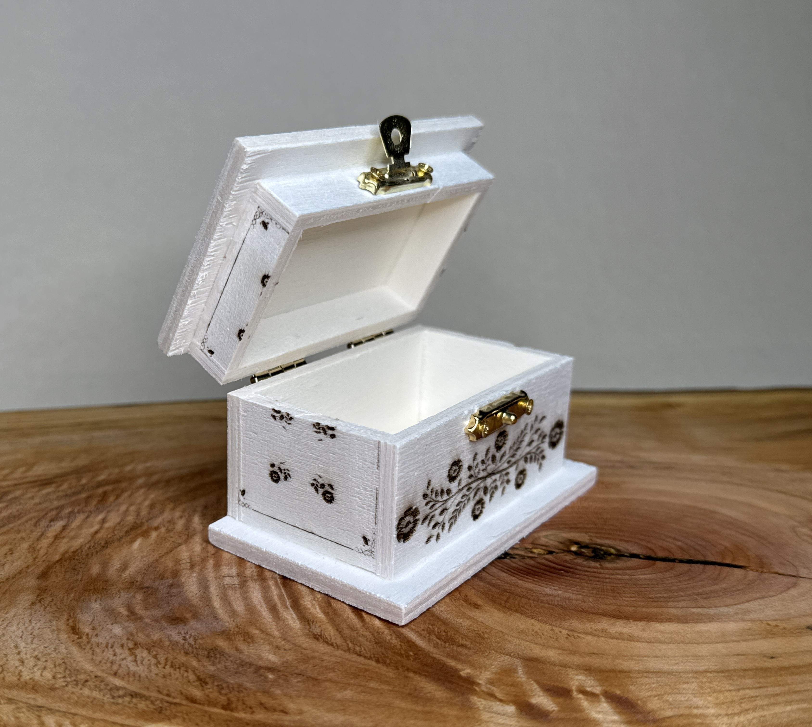 Small White Keepsake Box with Floral Pattern wooden box idea