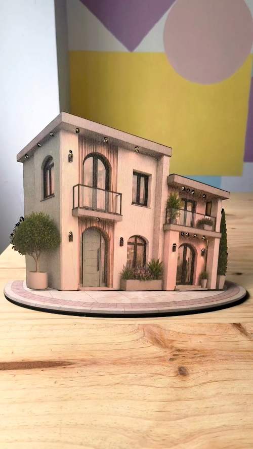 [Inkjet printing,Laser cut and engrave] Maqueta de casa moderna de dos plantas con balcones y jardín