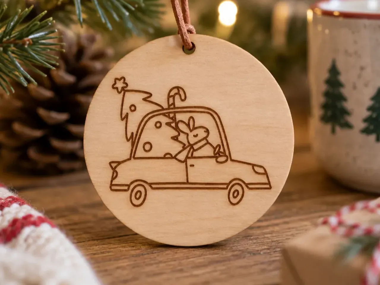 Round Wooden Christmas Ornament Featuring a Bunny Driving a Car with a ...