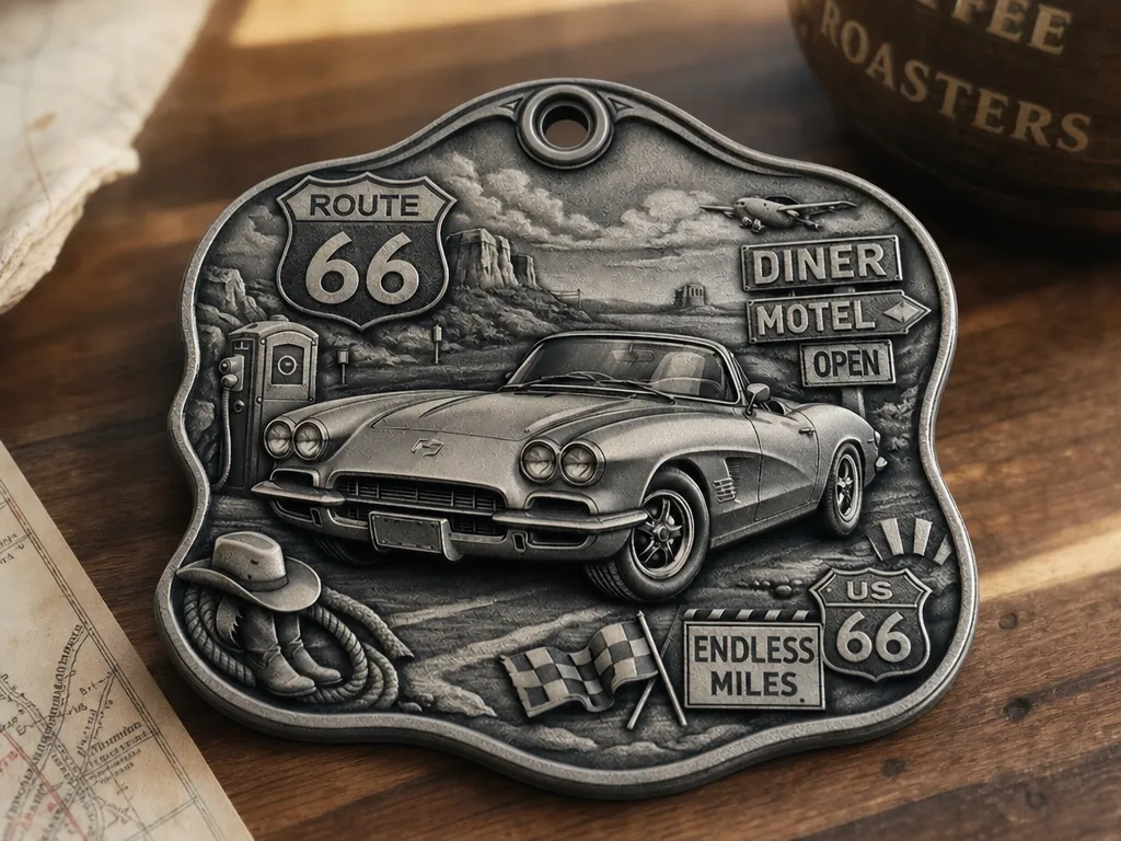 Route 66 Classic Sports Car Metal Keychain or Keyring