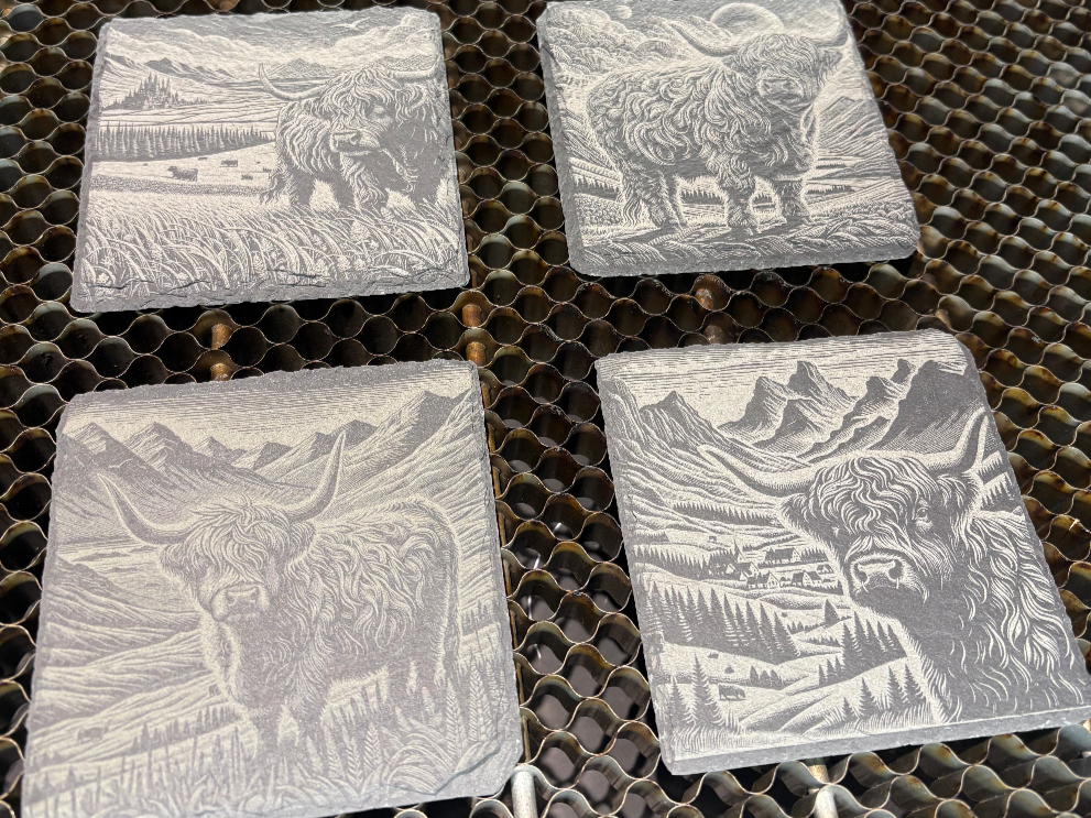 Square Slate Coasters Featuring Highland Cow Mountain Landscape Scenes