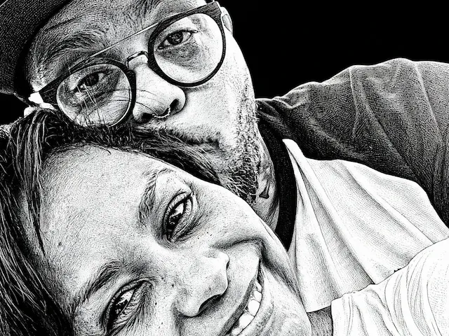 Black and white sketch style portrait of a loving couple