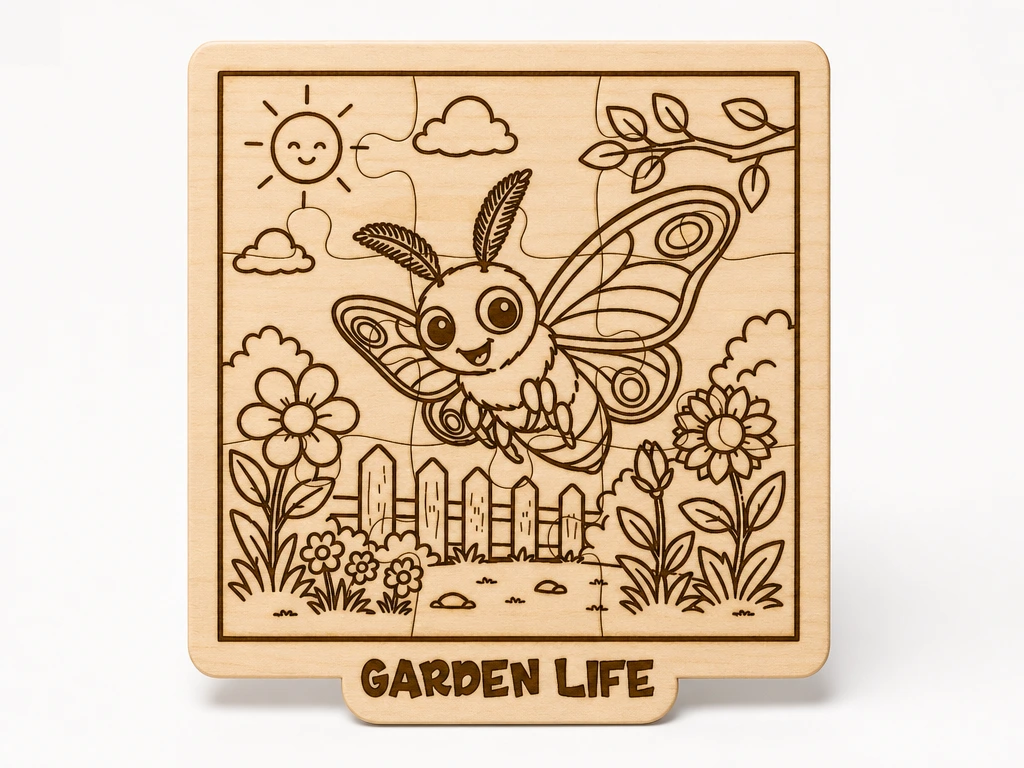 Garden Life Moth Coloring Puzzle SVG XCS | Adorable Wooden Laser Cut Activity for Kids | Reusable Montessori Learning Toy