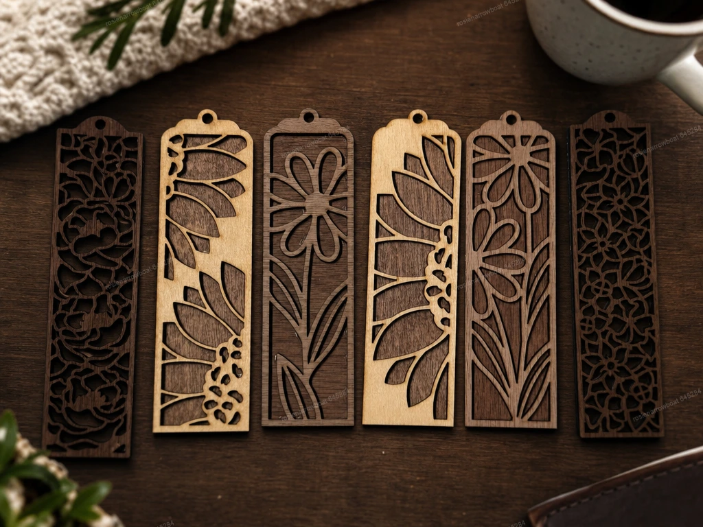 6 X Floral Pattern Wooden Bookmarks with Intricate Cutout Designs