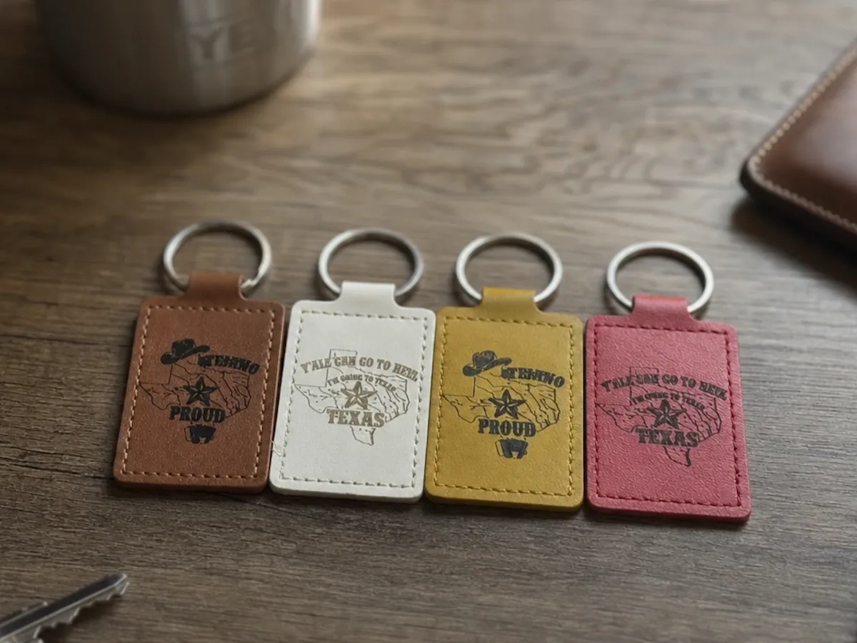 [Laser cut and engrave] Texas Themed Leather Keychain with Cowboy Hat and State Map