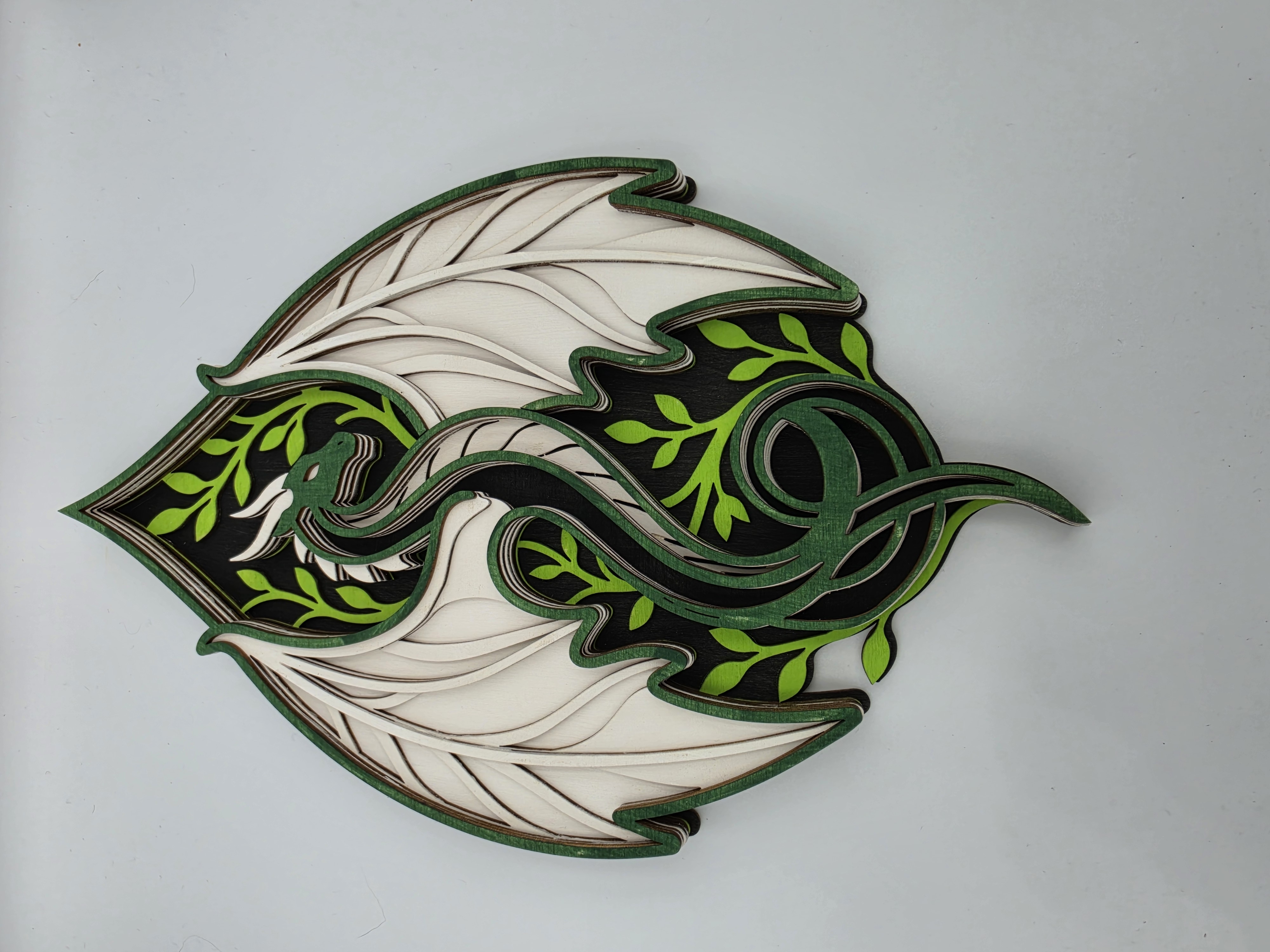 [Laser cut and engrave] Layered Green and White Dragon Wall Art with Leaf Motif