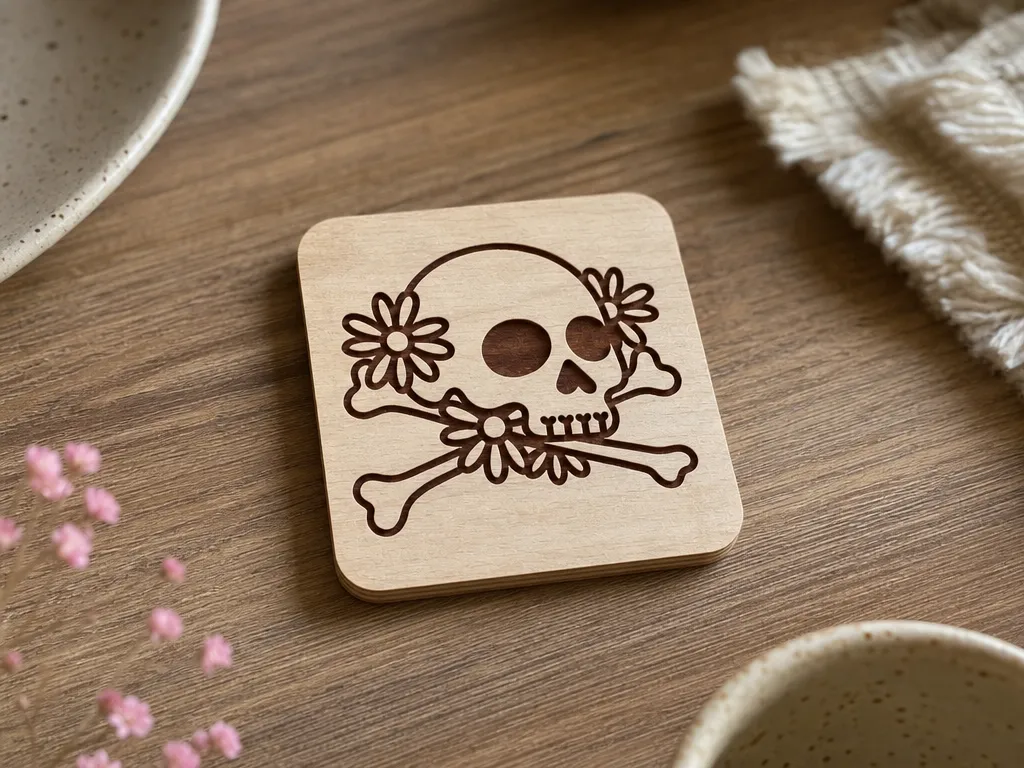 Square Wooden Coaster Featuring a Floral Skull and Crossbones Motif