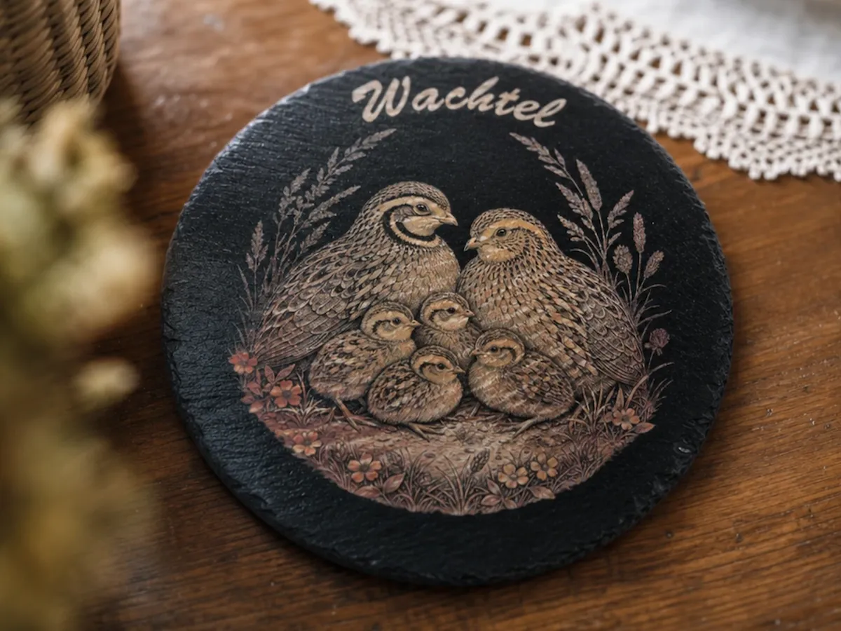 [Laser cut and engrave] Runde Schieferplatte mit Wachtelfamilie Motiv