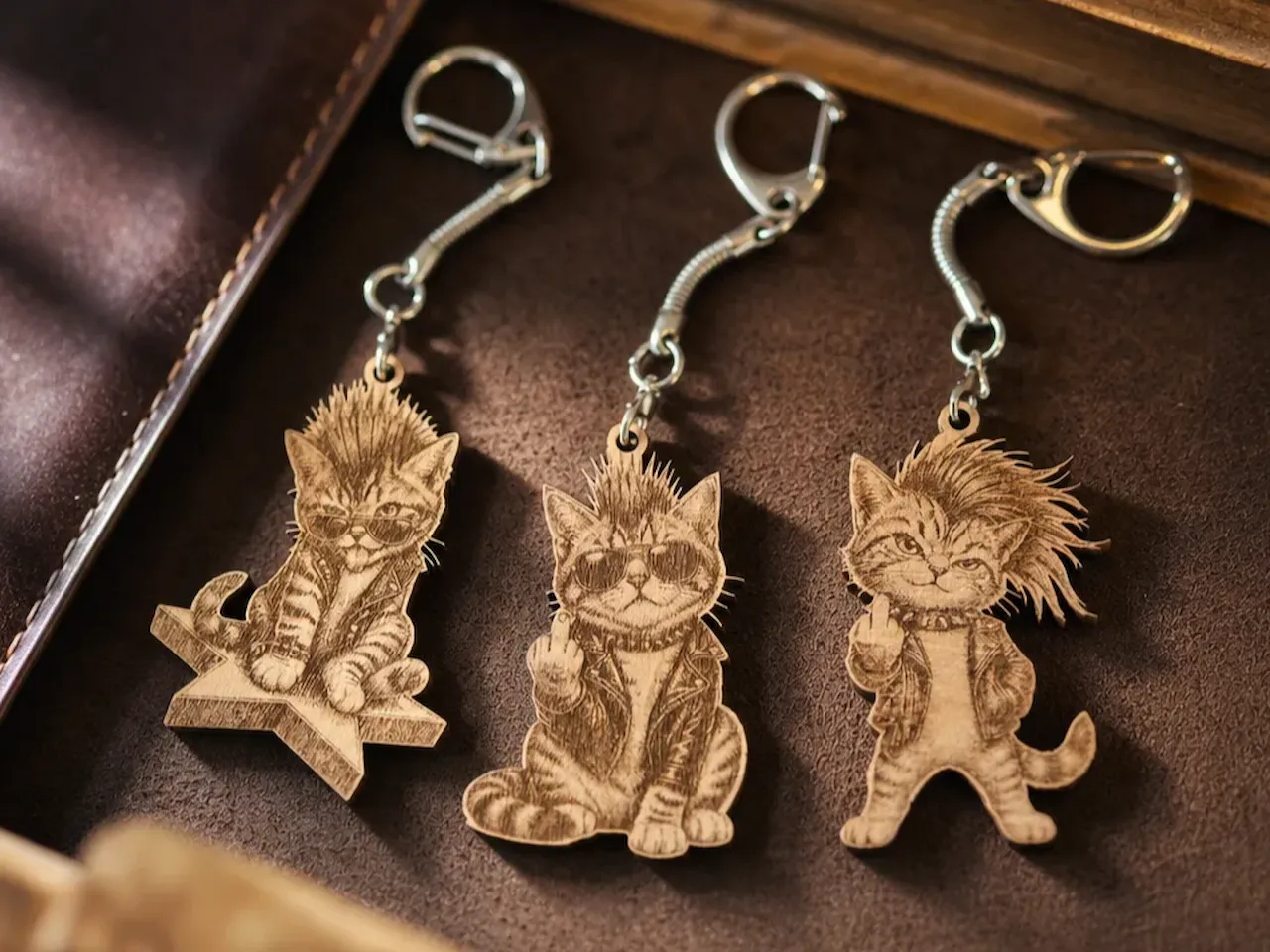 [Laser cut and engrave] Schlüsselanhänger mit coolen Katzen im Punk-Stil