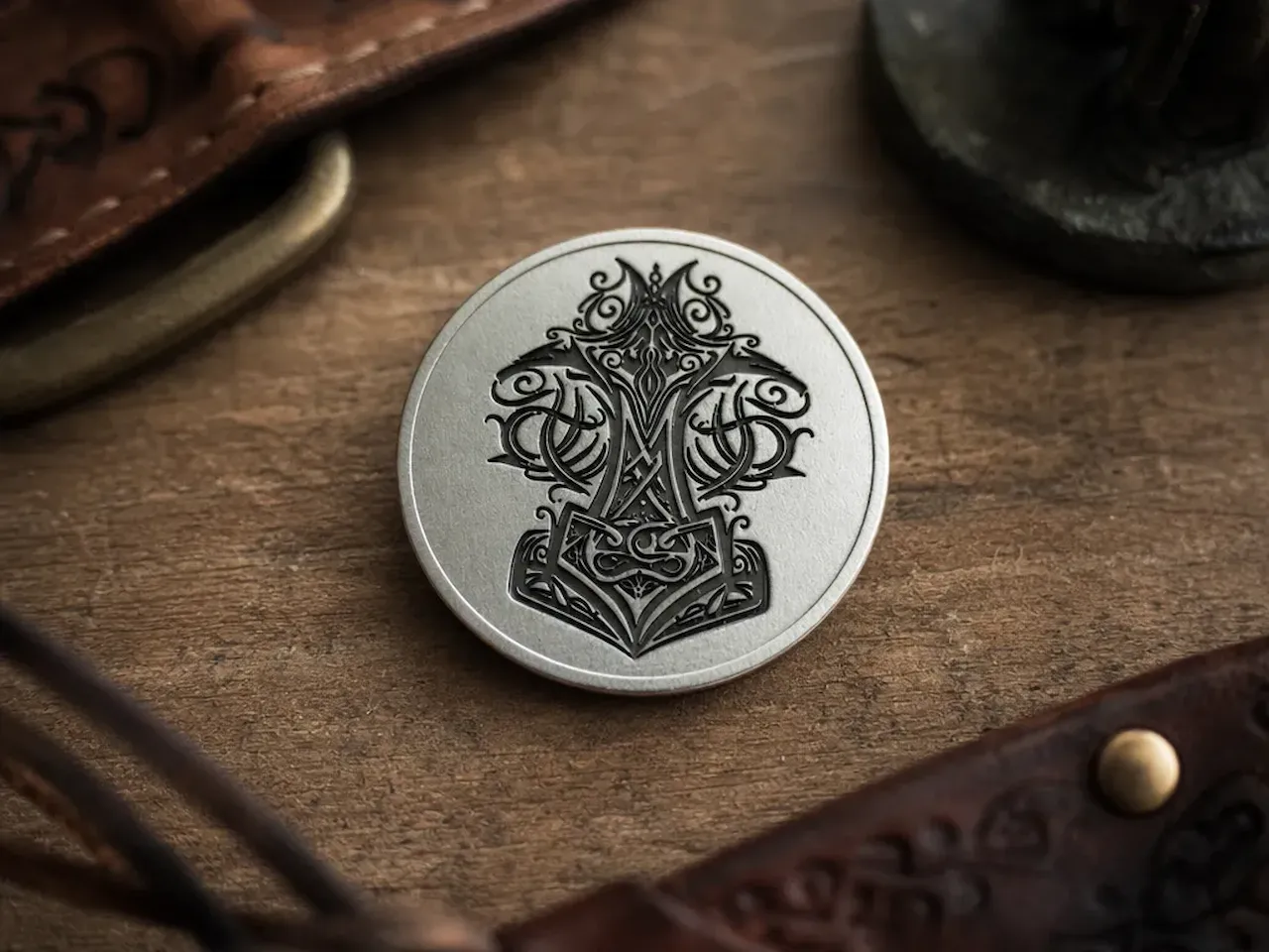 [Laser cut and engrave] Silver Coin Featuring Intricate Norse Mjolnir Thor Hammer Motif