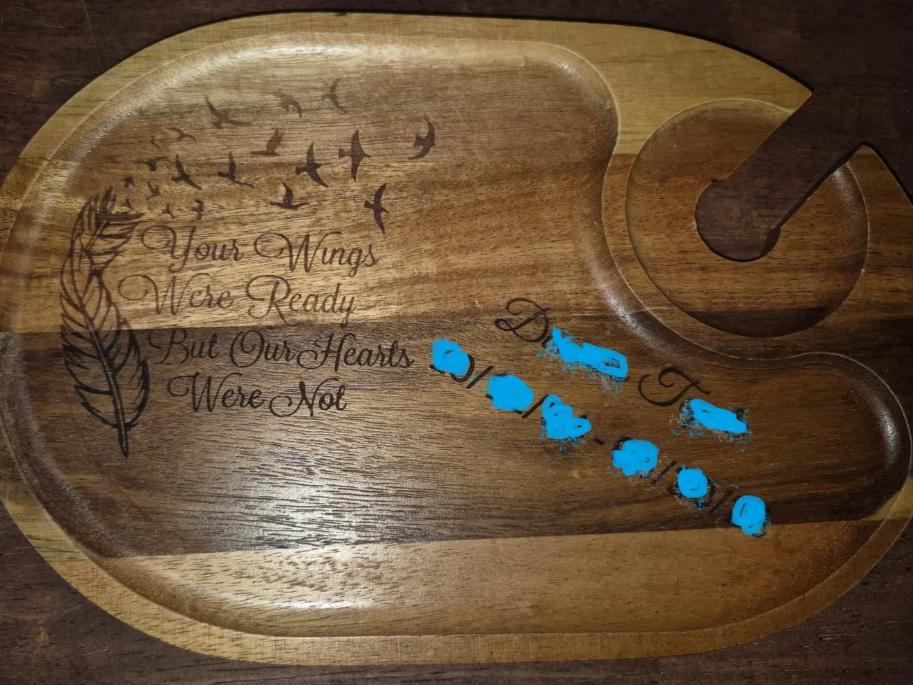 Memorial Wooden Serving Tray with Feather and Bird Sympathy Quote