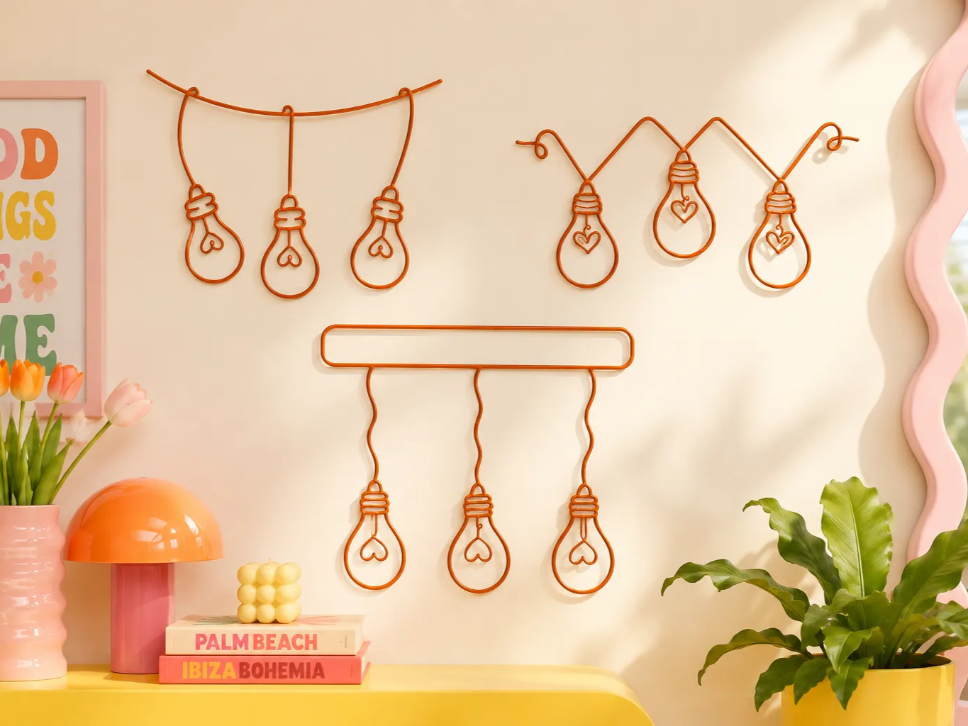 Wire Wall Art Set Featuring Light Bulb Motifs with Heart Filaments