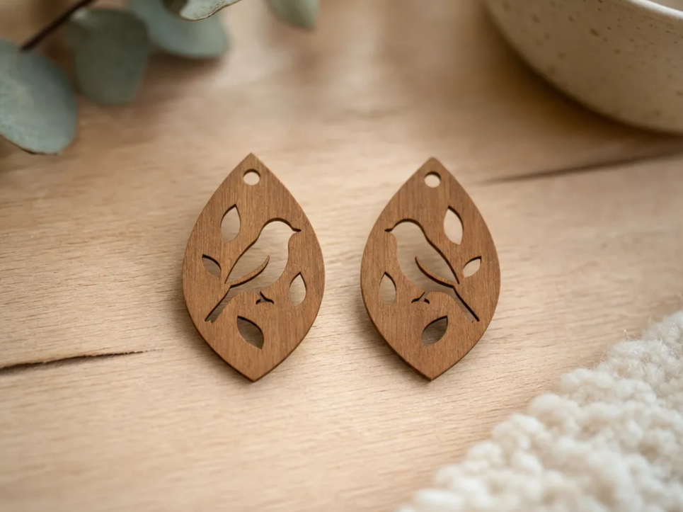 Leaf Shaped Wooden Bird Earrings