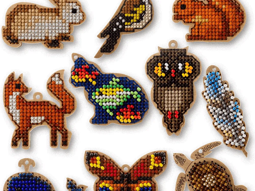 Assorted Animal and Nature Themed Cross Stitch Wooden Ornaments