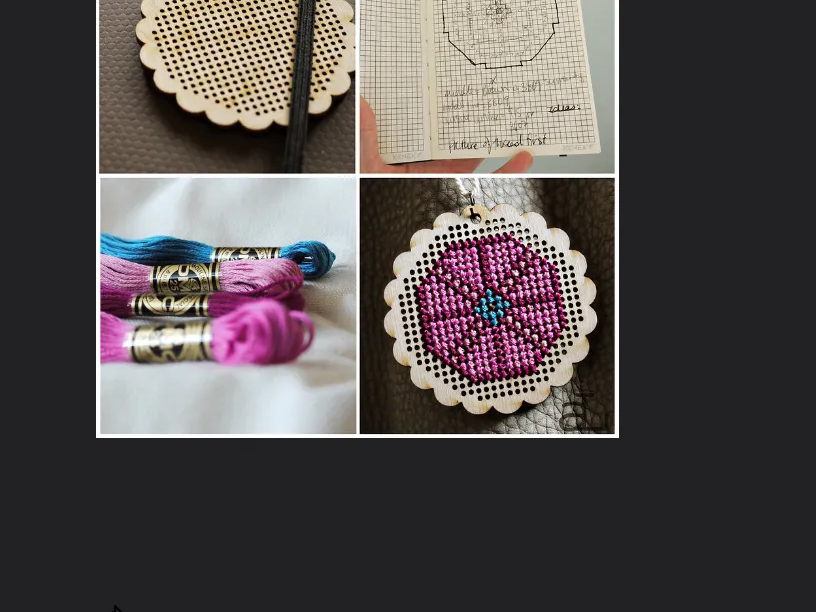 Scalloped Edge Wooden Cross Stitch Pendant with Floral Embroidery