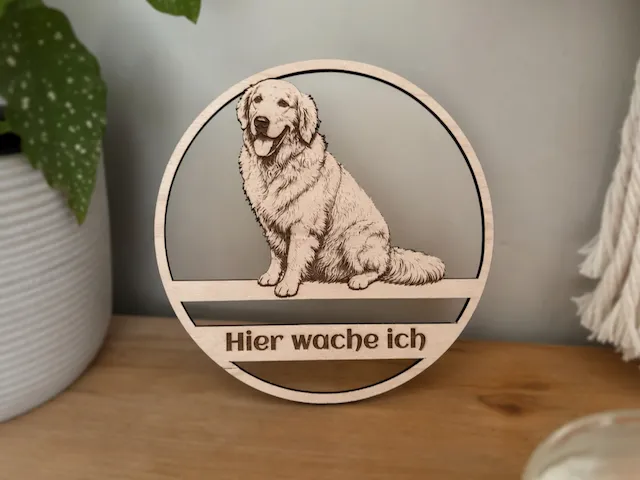 Rundes Türschild mit Golden Retriever Motiv und Schriftzug Hier wache ich