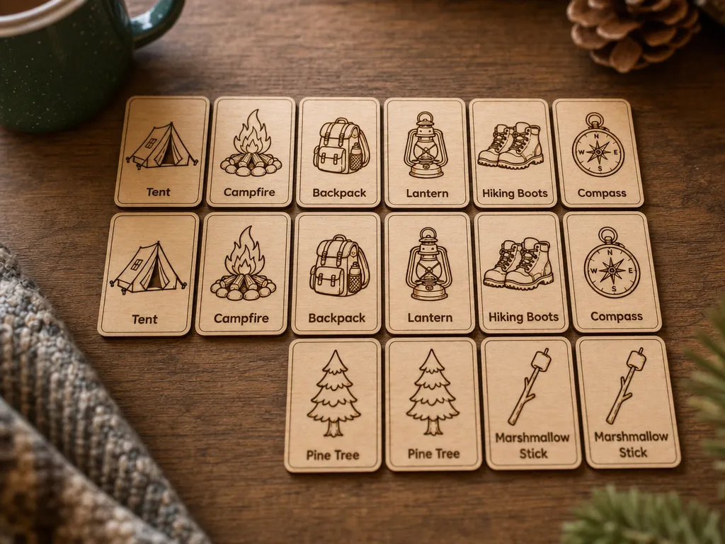 Camping Adventure Montessori-Inspired Wooden Matching Cards | 8 Pair Outdoor Memory Game