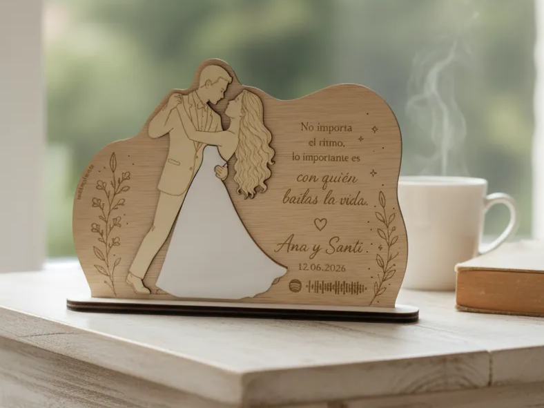 Placa de madera con pareja bailando y frase romántica personalizada