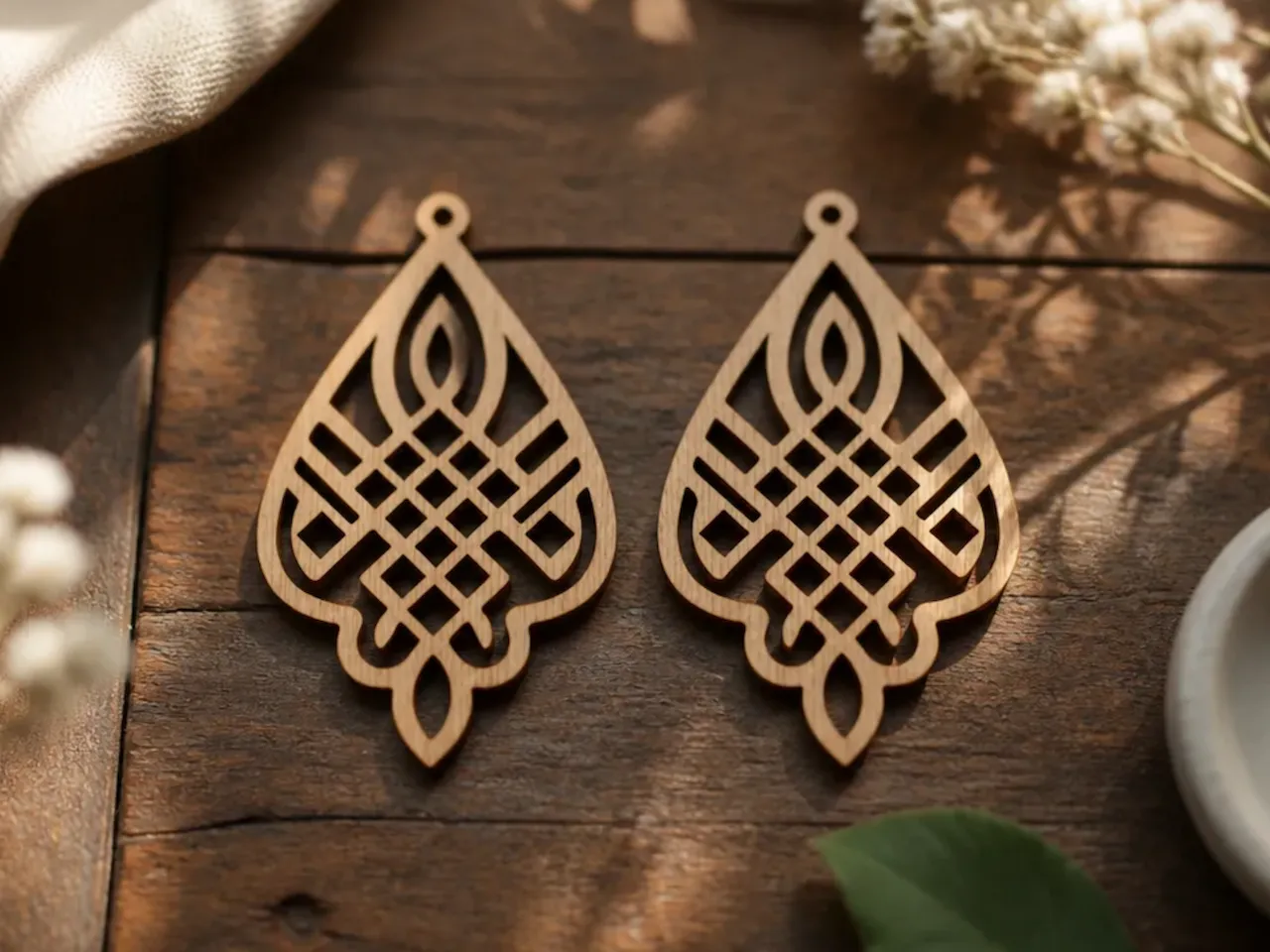 [Laser cut and engrave,Other] Teardrop Shaped Wooden Earrings with Intricate Geometric Lattice Pattern