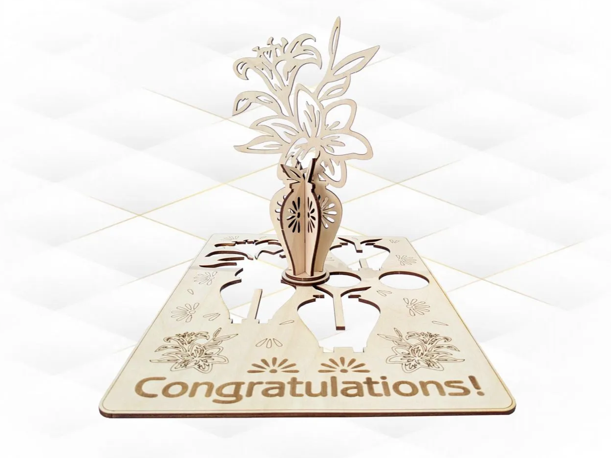Birthday Card Vase with Flowers Laser Cut Template, Design Greeting Cards, Laser Cutting Model