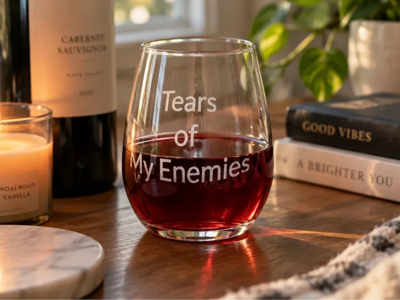 [Laser cut and engrave] Stemless Wine Glass with Tears of My Enemies Text