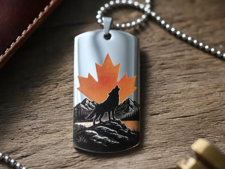 Wolf Under Canadian Maple Leaf Sunset Stainless Steel Military Dog Tag Pendant for Canada Day Celebrations or Gift