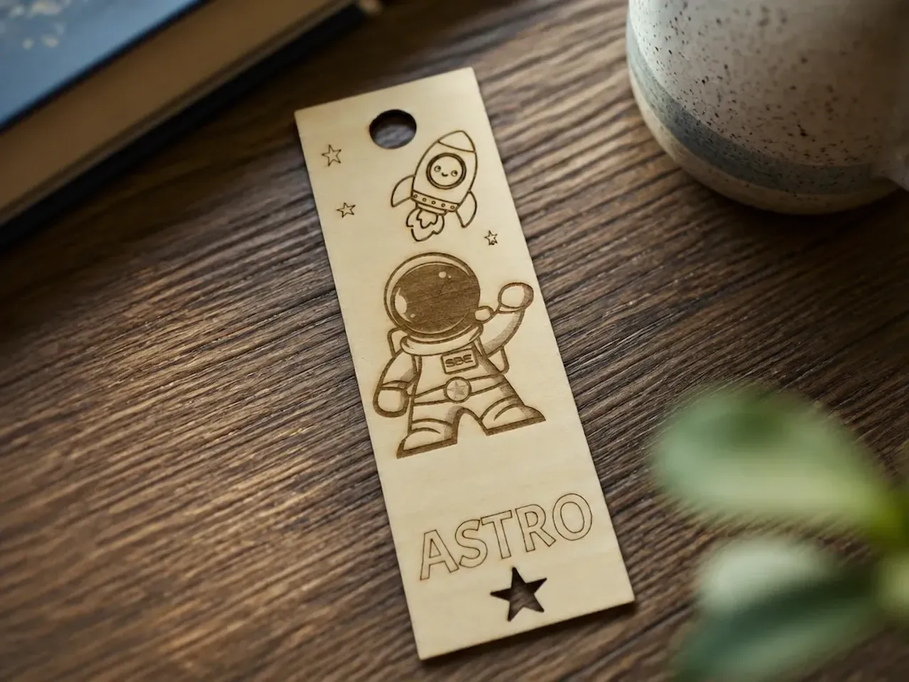 [Laser cut and engrave] Astronaut and Rocket Space Themed Wooden Bookmark