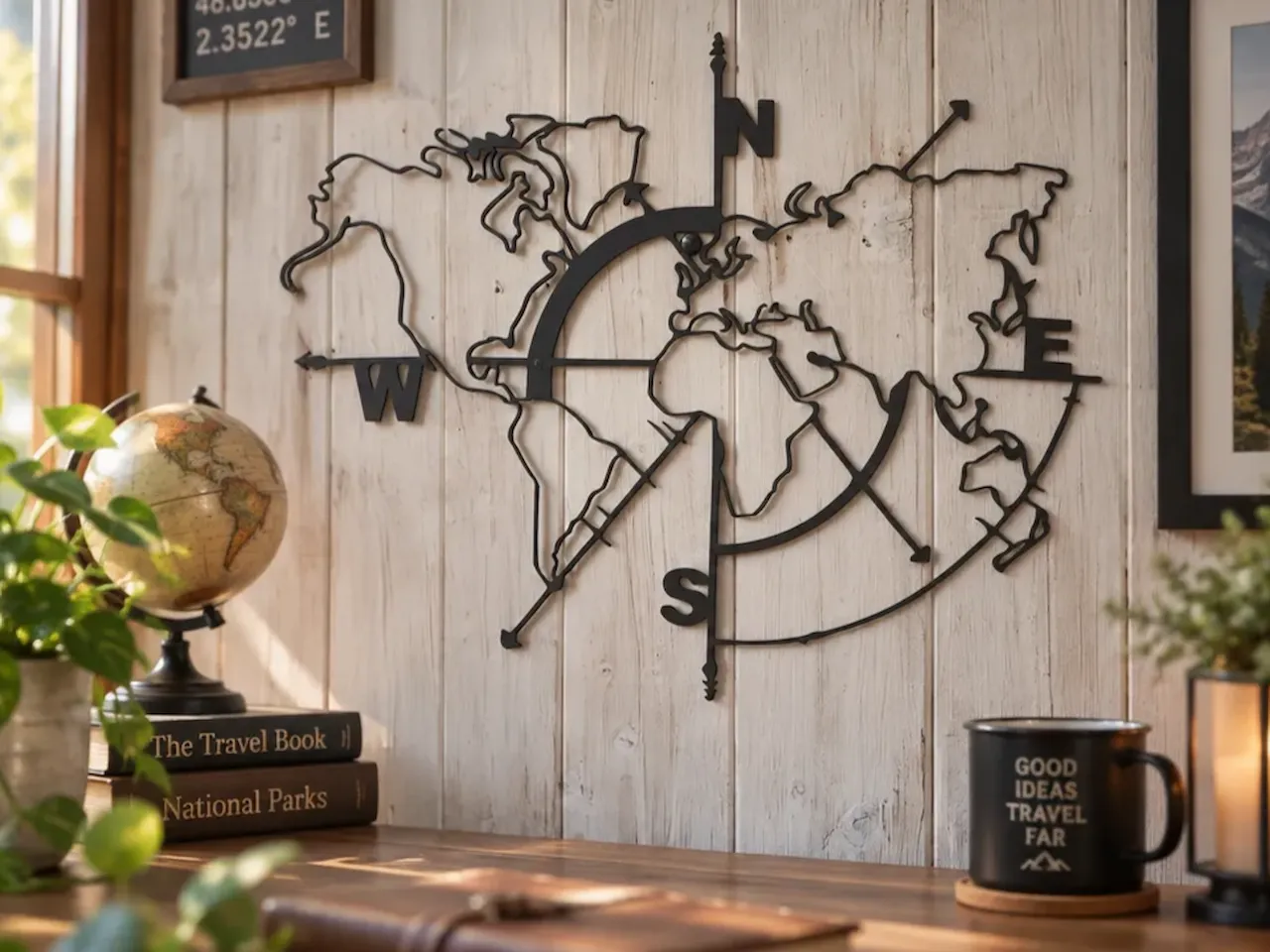 [Laser cut and engrave] Décoration murale carte du monde avec boussole en métal noir
