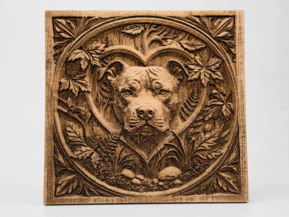Pitbull Dog Portrait Square Wall Plaque with Leaf Motif laser engraved pet portrait idea