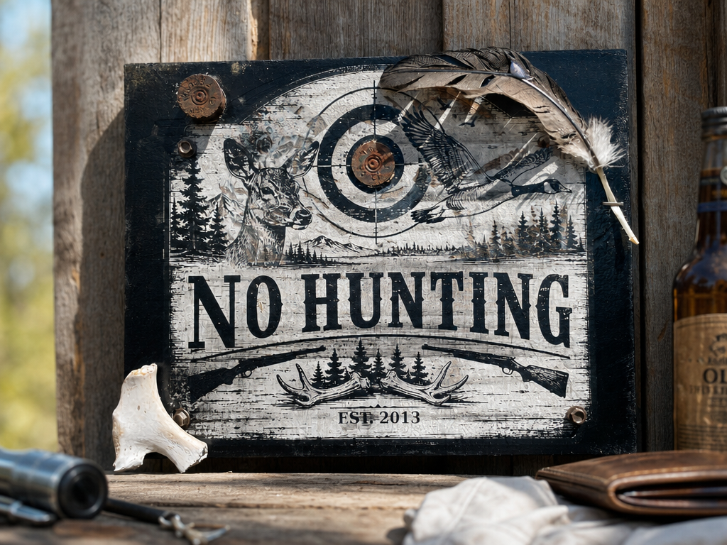 No Hunting Warnschild mit Hirsch und Wildgans Motiv