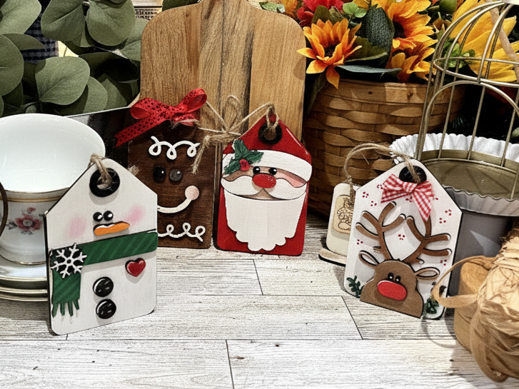 Christmas Gift Card Holder Tags featuring snowman, gingerbread man, Santa Claus, and reindeer