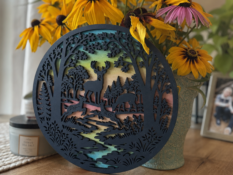 Layered circular wall art featuring a deer family in a forest landscape